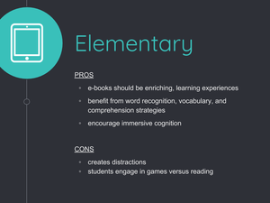 An image describing the pros and cons of the ebooks in elementary school.