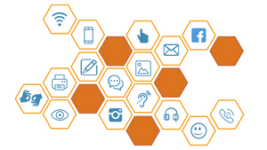 An image of many hexagons that contain icons of accessiblity feature, actions, and related material.